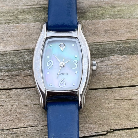 Blue genuine leather watch with mother of Pearl face and genuine Diamond accent - Picture 2 of 11